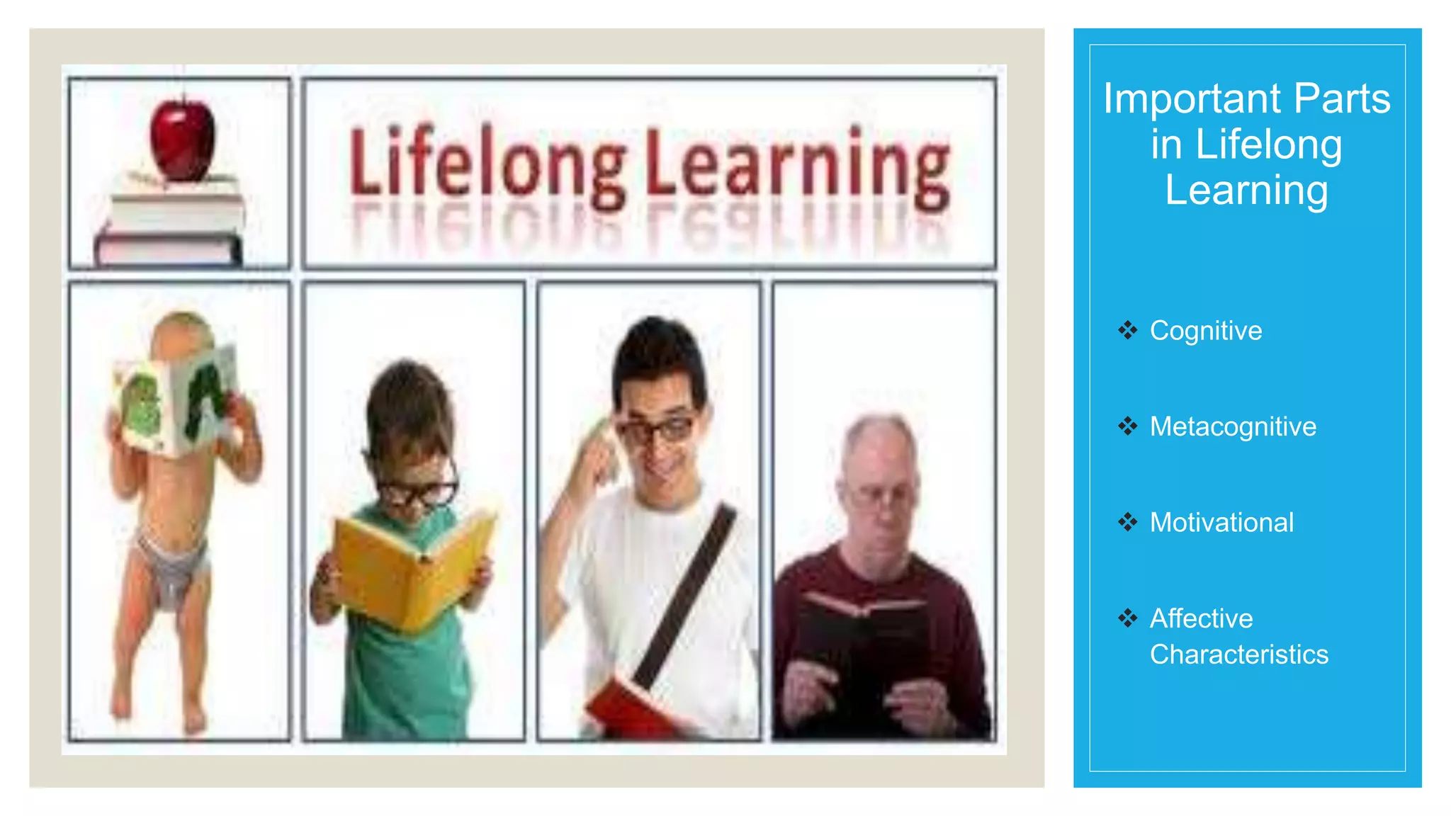 Important Parts 
in Lifelong 
Learning 
 Cognitive 
 Metacognitive 
 Motivational 
 Affective 
Characteristics 
 