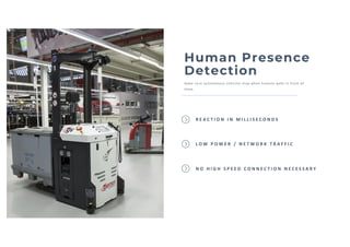 Human Presence
Detection
make sure autonomous vehi cl es stop when humans wal k i n front of
them
R E A C T I O N I N M I L L I S E C O N D S
L O W P O W E R / N E T W O R K T R A F F I C
N O H I G H S P E E D C O N N E C T I O N N E C E S S A R Y
 