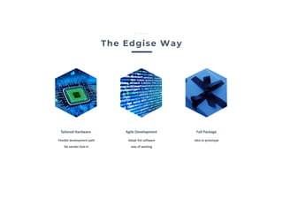 Idea to prototype
Full Package
Flexible development path
No vendor lock-in
Tailored Hardware
Adopt the software
way of working
Agile Development
The Edgise Way
Edgise
 