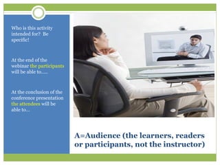 Who is this activity
intended for? Be
specific!



At the end of the
webinar the participants
will be able to…..



At the conclusion of the
conference presentation
the attendees will be
able to…




                           A=Audience (the learners, readers
                           or participants, not the instructor)
 