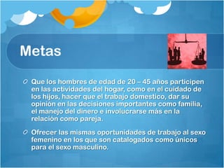 Metas
Que los hombres de edad de 20 – 45 años participen
en las actividades del hogar, como en el cuidado de
los hijos, hacer que el trabajo domestico, dar su
opinión en las decisiones importantes como familia,
el manejo del dinero e involucrarse más en la
relación como pareja.
Ofrecer las mismas oportunidades de trabajo al sexo
femenino en los que son catalogados como únicos
para el sexo masculino.
 