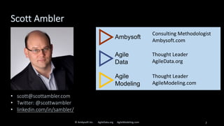 Scott Ambler
© Ambysoft Inc. AgileData.org AgileModeling.com 2
• scott@scottambler.com
• Twitter: @scottwambler
• linkedin.com/in/sambler/
Consulting Methodologist
Ambysoft.com
Thought Leader
AgileData.org
Thought Leader
AgileModeling.com
 