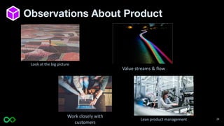 Observations About Product
Work closely with
customers
24
Look at the big picture
Lean product management
Value streams & flow
 