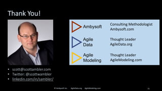 Thank You!
© Ambysoft Inc. AgileData.org AgileModeling.com 31
• scott@scottambler.com
• Twitter: @scottwambler
• linkedin.com/in/sambler/
Consulting Methodologist
Ambysoft.com
Thought Leader
AgileData.org
Thought Leader
AgileModeling.com
 