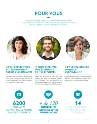 1
POUR VOUS
–Parce que le sourcing de talents est un élément clé dans la chaîne de valeur
de vos organisations, nous mettons à votre disposition toute l’expertise de nos équipes
pour vous apporter des réponses au plus près de vos attentes.
Rencontrez nos étudiants lors des séminaires
Prise Directe, orientez-les dans leur choix de
carrière, repérez vos futurs talents, associez-
les à vos projets stratégiques…
Mettez tous les atouts de votre côté pour
recruter nos talents. En devenant membre
EDHEC Business Club, vous bénéficiez de
services personnalisés pour vos recrutements
et d’un accès privilégié à notre plateforme web.
Parrainezunespécialisation,soutenezuneChaire,
diversifiez le profil de vos futurs collaborateurs,
optimisez votre recrutement international.
POUR DÉVELOPPER
VOTRE PROXIMITÉ
AUPRÈS DES ÉTUDIANTS
POUR RECRUTER
NOS ÉTUDIANTS
ET NOS DIPLÔMÉS
POUR CONSTRUIRE
ENSEMBLE
DURABLEMENT
6200
ÉTUDIANTS,
AUTANT D’OCCASIONS
DE LES RENCONTRER
+ de 120
ENTREPRISES
MEMBRES EDHEC
BUSINESS CLUB
14
SPÉCIALISATIONS
MASTER EDHEC
ET BBA EDHEC
 