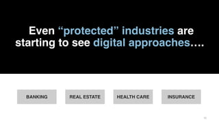 1010
Even “protected” industries are
starting to see digital approaches….
BANKING REAL ESTATE HEALTH CARE INSURANCE
 