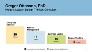 55
Greger Ottosson, PhD.
Product Leader, Design Thinker, Consultant
Enterprise
Software
20
YEARS 15
YEARS
Product
Management
linkedin.com/in/gregerottosson/ greger_ottosson@yahoo.com
Business Leader
10
YEARS
Design Thinking
5 YEARS
 
