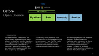 28
Before
Open Source
Algorithms Tools
INTEGRATED
Community Services
“What’s now called ’Data Science’ has
existed quite a while as a market, where
software vendors have provided algorithms
and integrated tools to analyze data and
perform descriptive- (‘is that a cat?’),
predictive- (‘is it likely to cross the road?’)
and prescriptive analytics (‘should I slow
down or speed up to avoid it?’)"
“Traditionally, these proprietary tools
supported only the proprietary algorithms
by each vendor. It was the ‘after market’
that was modularized, with services
companies doing relatively complex
implementation- and integration work.”
“While being digital products, there was
significant variable cost around
marketing, sales and support for clients.
The business models were those of
traditional on-premise enterprise
software, i.e. based on perpetual
licenses, maintenance fees and lock-in of
clients to the ’suite’ of products.”
SPEAKER NOTES
 