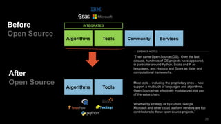 29
Before
Open Source
Algorithms Tools
Algorithms Tools
INTEGRATED
Community Services
After
Open Source
“Then came Open Source (OS). Over the last
decade, hundreds of OS projects have appeared,
in particular around Python, Scala and R as
languages, and Hadoop and Spark as data- and
computational frameworks.
SPEAKER NOTES
Most tools – including the proprietary ones – now
support a multitude of languages and algorithms.
Open Source has effectively modularized this part
of the value chain.
Whether by strategy or by culture, Google,
Microsoft and other cloud platform vendors are top
contributors to these open source projects.”
 