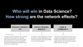 3232
Who will win in Data Science?
How strong are the network effects?
PRODUCT-MARKET
FIT
DATA & TRAINED
MODELS
USER &
COMMUNITY
“A single value chain doesn’t reveal the full
dynamics of this market. For example,
while strong coders are well served today,
the larger groups of ‘citizen’ developers
and business analysts are underserved by
current too-complex tools.”
“In addition, data management remains
a hurdle for many organizations, and
pre-trained models aren’t yet available
to any significant degree.”
“The winner will address the ease-of-use
problem, and organize the community to
address the problems around data and
model training. This is where the network
effect will come into play.”
SPEAKER NOTES
 