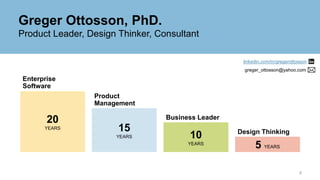 55
Greger Ottosson, PhD.
Product Leader, Design Thinker, Consultant
Enterprise
Software
20
YEARS 15
YEARS
Product
Management
linkedin.com/in/gregerottosson
greger_ottosson@yahoo.com
Business Leader
10
YEARS
Design Thinking
5 YEARS
 