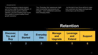 5151
Discover,
Try, and
Buy
Get
Started
Manage
and
Upgrade
Leverage
and
Extend
Support
1 2 3 4 5 6
Retention
Everyday
Use
“If you’re managing a mature product,
you’re focus might be entirely different. If
primarily business goal is customer
retention, you’ll be investing most of your
time outside of product-market fit and
growth scenarios.”
“Your ‘Everyday Use’ experiences might
need incremental improvements and
changes – even established customers
have changing needs…
..but the bulk of your focus will be to make
sure customers are happy and loyal while
continuing to use the product.”
SPEAKER NOTES
 