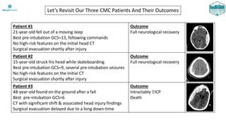 Let’s Revisit Our Three CMC Patients And Their Outcomes
Patient #1
21-year-old fell out of a moving Jeep
Best pre-intubation GCS=13, following commands
No high-risk features on the initial head CT
Surgical evacuation shortly after injury
Outcome
Full neurological recovery
Patient #2
15-year-old struck his head while skateboarding
Best pre-intubation GCS=9, several pre-intubation seizures
No high-risk features on the initial CT
Surgical evacuation shortly after injury
Outcome
Full neurological recovery
Patient #3
48-year-old found on the ground after a fall
Best pre-intubation GCS=6
CT with significant shift & associated head injury findings
Surgical evacuation delayed due to a long down-time
Outcome
Intractably ⇧ICP
Death
 