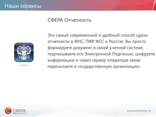 www.esphere.ru
Наши сервисы
СФЕРА Отчетность
Это самый современный и удобный способ сдачи
отчетности в ФНС, ПФР, ФСС и Росстат. Вы просто
формируете документ в своей учетной системе,
подписываете его Электронной Подписью, шифруете
информацию и через сервер оператора связи
пересылаете в государственную организацию.
 