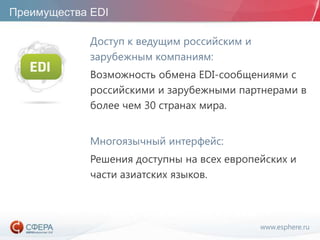 www.esphere.ru
Преимущества EDI
Доступ к ведущим российским и
зарубежным компаниям:
Возможность обмена EDI-сообщениями с
российскими и зарубежными партнерами в
более чем 30 странах мира.
Многоязычный интерфейс:
Решения доступны на всех европейских и
части азиатских языков.
 