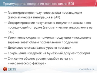 www.esphere.ru
Преимущества внедрения полного цикла EDI
— Гарантированное получение заказа поставщиком
(автоматическая интеграция в SAP)
— Информирование покупателя о получении заказа и его
последующей отгрузке (автоматическое уведомление из
SAP)
— Увеличение скорости приемки продукции – покупатель
заранее знает объем поставляемой продукции
— Детальное отслеживание уровня поставок
— Сокращение издержек на бумажный документооборот
— Снижение общего уровня ошибок из-за т.н.
«человеческого фактора»
 