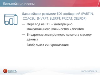 www.esphere.ru
Дальнейшие планы
Дальнейшее развитие EDI сообщений (PARTIN,
COACSU, INVRPT, SLSRPT, PRICAT, DELFOR)
— Перевод на EDI – интеграцию
максимального количество клиентов
— Внедрение электронного каталога мастер-
данных
— Глобальная синхронизация
 