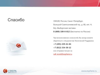 www.esphere.ru
194100, Россия, Санкт-Петербург,
Большой Сампсониевский пр., д. 68, лит. Н,
БЦ «Выборгская застава»
8 (800) 100-8-812 (Бесплатно по России)
При возникновении сложностей, Вы всегда можете
обратиться к специалистам Технической Поддержки.
+7 (495) 229-41-84
+7 (812) 334-38-12
или отправив письмо на
call_ecod@esphere.ru
Спасибо
 