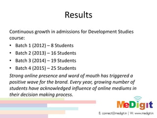Results
Continuous growth in admissions for Development Studies
course:
• Batch 1 (2012) – 8 Students
• Batch 2 (2013) – 16 Students
• Batch 3 (2014) – 19 Students
• Batch 4 (2015) – 25 Students
Strong online presence and word of mouth has triggered a
positive wave for the brand. Every year, growing number of
students have acknowledged influence of online mediums in
their decision making process.
 