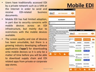 Mobile EDI
• Users have traditionally accessed EDI
by a private network such as a VAN or
the Internet in order to send and
receive EDI-related business
documents.
• Mobile EDI has had limited adoption,
in part due to security concerns with
mobile devices across an EDI
infrastructure, but mainly due to
restrictions with the mobile devices
available.
• The screen quality and size of devices
has been unsuitable, but there is a
growing industry developing software
applications (‘apps’) for downloading
onto mobile devices so it is only be a
matter of time before you will be able
to download supply chain and EDI
related apps from private or corporate
app stores.
11/19/2016 Danish A Syed 24
 