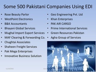 Some 500 Pakistani Companies Using EDI
• Rose Beauty Parlor
• WestPoint Electronics
• B&K Accountants
• Bhayani Global Services
• Mughal Import Export Services
• MAF Clearing & Forwarding Co.
• Chughtai Associates
• Shaheen Freight Services
• Pak Mega Enterprises
• Innovative Business Solution
• Geo Engineering Pvt. Ltd
• Khan Enterprises
• PAK AIR CARGO
• Prime International Services
• Green Resources Pakistan
• Agha Group of Services
11/19/2016 Danish A Syed 37
 