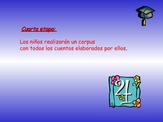 Cuarta etapa:Cuarta etapa:
Los niños realizarán un corpus
con todos los cuentos elaborados por ellos.
 