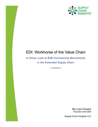 EDI: Workhorse of the Value Chain
A Closer Look at B2B Connectivity Benchmarks
in the Extended Supply Chain
11/20/2013

By Lora Cecere
Founder and CEO
Supply Chain Insights LLC

 