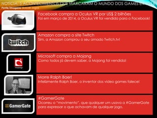 NOTÍCIA: 5 ACONTECIMENTOS QUE MARCARAM O MUNDO DOS GAMES EM 2014
Fonte/Imagens: Baixaki Jogos
Facebook compra a Oculus VR por US$ 2 bilhões
Foi em março de 2014, a Oculus VR foi vendida para o Facebook!
Amazon compra o site Twitch
Sim, a Amazon comprou o seu amado Twitch.tv!
Microsoft compra a Mojang
Como todos já devem saber, a Mojang foi vendida!
Morre Ralph Baer!
Infelizmente Ralph Baer, o inventor dos video games falece!
#GamerGate
Ocorreu o “movimento”, que qualquer um usava a #GamerGate
para expressar o que achavam de qualquer jogo.
 