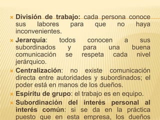 PLAZA: el servicio que prestamos abarca todo el mercado nacional, por lo tanto existe mayor demanda. Realizamos investigaciones respecto a los principios administrativos de los cuales deducimos que principios se cumplen y cuales no:Equidad: todo su recurso humano es tratado por igual Disciplina: se basan en reglamentosUnidad de mando: todos reciben órdenes de un solo jefe departamental.Unidad de dirección: hay un solo plan de trabajo para cada departamento.