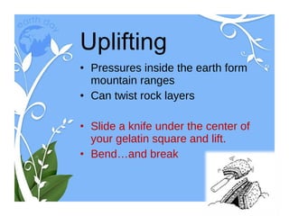 Uplifting Pressures inside the earth form mountain ranges Can twist rock layers Slide a knife under the center of your gelatin square and lift. Bend…and break 