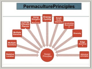 Using      Energy        Small
                              Biologica   Cycling        Scale
                                  l
                  Energy      Resources
                                                       Intensive
                                                                   Accelerating
                  Efficient                                        Successio
                  Plannin                                              n
                      g
       Multiple                                                                Diversity
       Elements



 Multiple                                                                             Edge
                                                                                     Awarenes
 functions                                                                              s




Relative                                   Design                                      Attitudinal
Location                                  Principles                                   principles
 