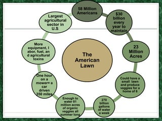 58 Million
                            Americans                 $30
            Largest
                                                     billion
          agricultural
                                                     every
           sector in
                                                    year to
              U.S.
                                                    maintain


    More
equipment, l                                                     23
abor, fuel, an                                                 Million
d agricultural               The                               Acres
   toxins                  American
                            Lawn
     One hour
       on a                                             Could have a
     mower= a                                            small lawn
                                                        and produce
        car                                             veggies for a
      driven                                              home of 6
     350 miles
                   Enough to
                                            270
                    water 81
                                          billion
                  million acres
                                         gallons
                   of organic
                                         of water
                   veggies all
                                         a week
                  summer long
 