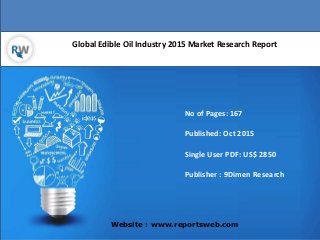 Global Edible Oil Industry 2015 Market Research Report
Website : www.reportsweb.com
No of Pages: 167
Published: Oct 2015
Single User PDF: US$ 2850
Publisher : 9Dimen Research
 
