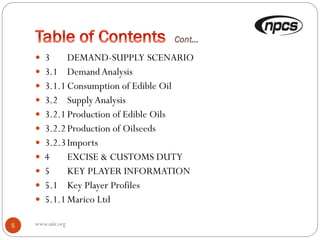 www.niir.org5
 3 DEMAND-SUPPLY SCENARIO
 3.1 DemandAnalysis
 3.1.1Consumption of Edible Oil
 3.2 SupplyAnalysis
 3.2.1Production of Edible Oils
 3.2.2Production of Oilseeds
 3.2.3Imports
 4 EXCISE & CUSTOMS DUTY
 5 KEY PLAYER INFORMATION
 5.1 Key Player Profiles
 5.1.1Marico Ltd
 