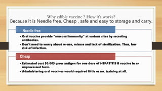 Why edible vaccine ? How it’s works?
Because it is Needle free, Cheap , safe and easy to storage and carry.
• Oral vaccine provide “mucosal immunity” at various sites by secreting
antibodies.
• Don’t need to worry about re-use, misuse and lack of sterilization. Thus, low
risk of infection.
Needle free
• Estimated cost $0.005 grow antigen for one dose of HEPATITIS B vaccine in an
unprocessed form.
• Administering oral vaccines would required little or no. training at all.
Cheap
 