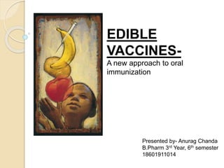EDIBLE 
VACCINES-A 
new approach to oral 
immunization 
Presented by- Anurag Chanda 
B.Pharm 3rd Year, 6th semester 
18601911014 
 