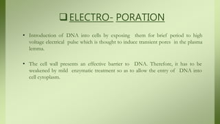 ELECTRO- PORATION
• Introduction of DNA into cells by exposing them for brief period to high
voltage electrical pulse which is thought to induce transient pores in the plasma
lemma.
• The cell wall presents an effective barrier to DNA. Therefore, it has to be
weakened by mild enzymatic treatment so as to allow the entry of DNA into
cell cytoplasm.
 