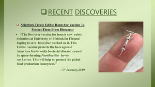 RECENT DISCOVERIES
 Scientists Create Edible Honeybee Vaccine To
Protect Them From Diseases:-
• “The first ever vaccine for insects now exists.
Scientists at University of Helsinki in Finland
hoping to save honeybee worked on it. This
Edible vaccine protects the bees against
American foulbrood(a bacterial disease caused
by spore-forming Paenibacillus larvae
ssp.Larvae. This will help to protect the global
food production honeybees.”
- 1st January,2019
 