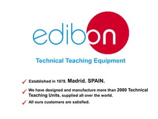 Technical Teaching Equipment
Established in 1978. Madrid.

SPAIN.

We have designed and manufacture more than 2000 Technical
Teaching Units, supplied all over the world.
All ours customers are satisfied.

 