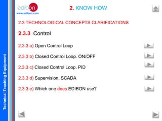 TechnicalTeachingEquipment
www.edibon.com
2. KNOW HOW
2.3 TECHNOLOGICAL CONCEPTS CLARIFICATIONS
2.3.3 Control
2.3.3 a) Open Control Loop
2.3.3 b) Closed Control Loop. ON/OFF
2.3.3 c) Closed Control Loop. PID
2.3.3 d) Supervision. SCADA
2.3.3 e) Which one does EDIBON use?
 