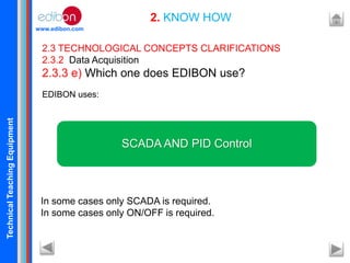 TechnicalTeachingEquipment
www.edibon.com
2. KNOW HOW
2.3 TECHNOLOGICAL CONCEPTS CLARIFICATIONS
2.3.2 Data Acquisition
2.3.3 e) Which one does EDIBON use?
EDIBON uses:
SCADA AND PID Control
In some cases only SCADA is required.
In some cases only ON/OFF is required.
 