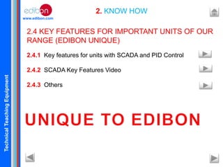 TechnicalTeachingEquipment
www.edibon.com
2. KNOW HOW
2.4 KEY FEATURES FOR IMPORTANT UNITS OF OUR
RANGE (EDIBON UNIQUE)
2.4.1 Key features for units with SCADA and PID Control
2.4.2 SCADA Key Features Video
2.4.3 Others
 