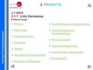 TechnicalTeachingEquipment
www.edibon.com
3. PRODUCTS
3.1 UNITS
3.1.1 Units themselves
Products range:
 Fluid Mechanics & Aerodynamics
 Thermodynamics &
Thermotechnics
 Process Control
 Chemical Engineering
 Food & Water Technologies
 Environment
 Physics
 Electronics
 Communications
 Electricity
 Energy
 Mechatronics & Automation
 Mechanics & Materials
 