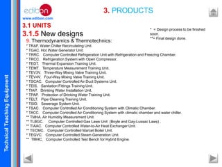 TechnicalTeachingEquipment
www.edibon.com
3.1 UNITS
3.1.5 New designs
3. PRODUCTS
9. Thermodynamics & Thermotechnics:
* TRAF. Water Chiller Recirculating Unit.
* TGAC. Hot Water Generator Unit.
* TRRC. Computer Controlled Refrigeration Unit with Refrigeration and Freezing Chamber.
* TRCC. Refrigeration System with Open Compressor.
* TEDT. Thermal Expansion Training Unit.
* TEMT. Temperature Measurement Training Unit.
* TEV3V. Three-Way Mixing Valve Training Unit.
* TEV4V. Four-Way Mixing Valve Training Unit.
* TSCAC. Computer Controlled Air Duct Systems Unit.
* TEIS. Sanitation Fittings Training Unit.
* TIAP. Drinking Water Installation Unit.
* TPAP. Protection of Drinking Water Training Unit.
* TELT. Pipe Cleaning Training Unit.
* TSID. Sewerage System Unit.
* TSAC. Computer Controlled Air Conditioning System with Climatic Chamber.
* TACC. Computer Controlled Air Conditioning System with climatic chamber and water chiller.
** TMHA. Air Humidity Measurement Unit.
** TLBGC. Computer Controlled Gas Laws Unit (Boyle and Gay-Lussac Laws) .
** TIAAC. Computer Controlled Water-to-Air Heat Exchanger Unit.
** TECMC. Computer Controlled Marcet Boiler Unit.
* TEGVC. Computer Controlled Steam Generation Unit.
** TMHC. Computer Controlled Test Bench for Hybrid Engine.
* = Design process to be finished
soon.
**= Final design done.
 