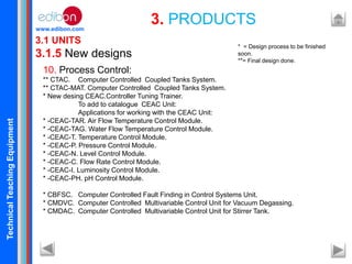 TechnicalTeachingEquipment
www.edibon.com
10. Process Control:
** CTAC. Computer Controlled Coupled Tanks System.
** CTAC-MAT. Computer Controlled Coupled Tanks System.
* New desing CEAC.Controller Tuning Trainer.
To add to catalogue CEAC Unit:
Applications for working with the CEAC Unit:
* -CEAC-TAR. Air Flow Temperature Control Module.
* -CEAC-TAG. Water Flow Temperature Control Module.
* -CEAC-T. Temperature Control Module.
* -CEAC-P. Pressure Control Module.
* -CEAC-N. Level Control Module.
* -CEAC-C. Flow Rate Control Module.
* -CEAC-I. Luminosity Control Module.
* -CEAC-PH. pH Control Module.
* CBFSC. Computer Controlled Fault Finding in Control Systems Unit.
* CMDVC. Computer Controlled Multivariable Control Unit for Vacuum Degassing.
* CMDAC. Computer Controlled Multivariable Control Unit for Stirrer Tank.
3.1 UNITS
3.1.5 New designs
3. PRODUCTS
* = Design process to be finished
soon.
**= Final design done.
 