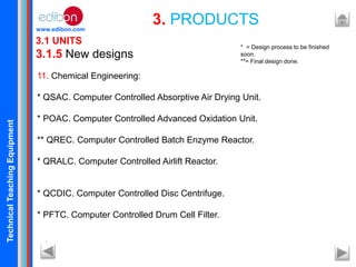 TechnicalTeachingEquipment
www.edibon.com
11. Chemical Engineering:
* QSAC. Computer Controlled Absorptive Air Drying Unit.
* POAC. Computer Controlled Advanced Oxidation Unit.
** QREC. Computer Controlled Batch Enzyme Reactor.
* QRALC. Computer Controlled Airlift Reactor.
* QCDIC. Computer Controlled Disc Centrifuge.
* PFTC. Computer Controlled Drum Cell Filter.
.
3.1 UNITS
3.1.5 New designs
3. PRODUCTS
* = Design process to be finished
soon.
**= Final design done.
 