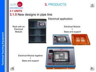 TechnicalTeachingEquipment
www.edibon.com
3.1 UNITS
3.1.5 New designs in pipe line
3. PRODUCTS
Rack with an
Electrical
Module
Electrical Module
+
Base and support
Electrical Module together
+
Base and support
Electrical application
 