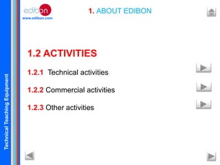 TechnicalTeachingEquipment
www.edibon.com
1. ABOUT EDIBON
1.2 ACTIVITIES
1.2.1 Technical activities
1.2.2 Commercial activities
1.2.3 Other activities
 