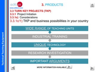 TechnicalTeachingEquipment
www.edibon.com
3. PRODUCTS
3.3 TURN KEY PROJECTS (TKP)
3.3.1 Project Initiation
3.3.1c) Considerations
3.3.1c/1) TKP and business possibilities in your country
IMPORTANT ARGUMENTS
RESEARCH INVESTIGATION
UNIQUE TECHNOLOGY
INDUSTRIAL TRAINING
WIDE RANGE OF TEACHING UNITS
MORE INFORMATION AVAILABLE
 