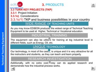 TechnicalTeachingEquipment
www.edibon.com
3. PRODUCTS
3.3 TURN KEY PROJECTS (TKP)
3.3.1 Project Initiation
3.3.1c) Considerations
3.3.1c/1) TKP and business possibilities in your country
As you may know EDIBON produces the widest range of Technical Teaching
Equipment to be used at Higher, Technical or Vocational education.
The equipment can also be utilised for training at big industrial level in
different fields, such as Energy, Oil, etc.
Our technology, in most of the cases, is unique and it is very attractive for all
the instructors and students, as they can teach and learn properly.
Additionally, with no extra cost, they can do applied research and
demonstrate how the industrial process works.
WIDE RANGE OF TEACHING UNITS
INDUSTRIAL TRAINING
UNIQUE TECHNOLOGY
RESEARCH INVESTIGATION
 